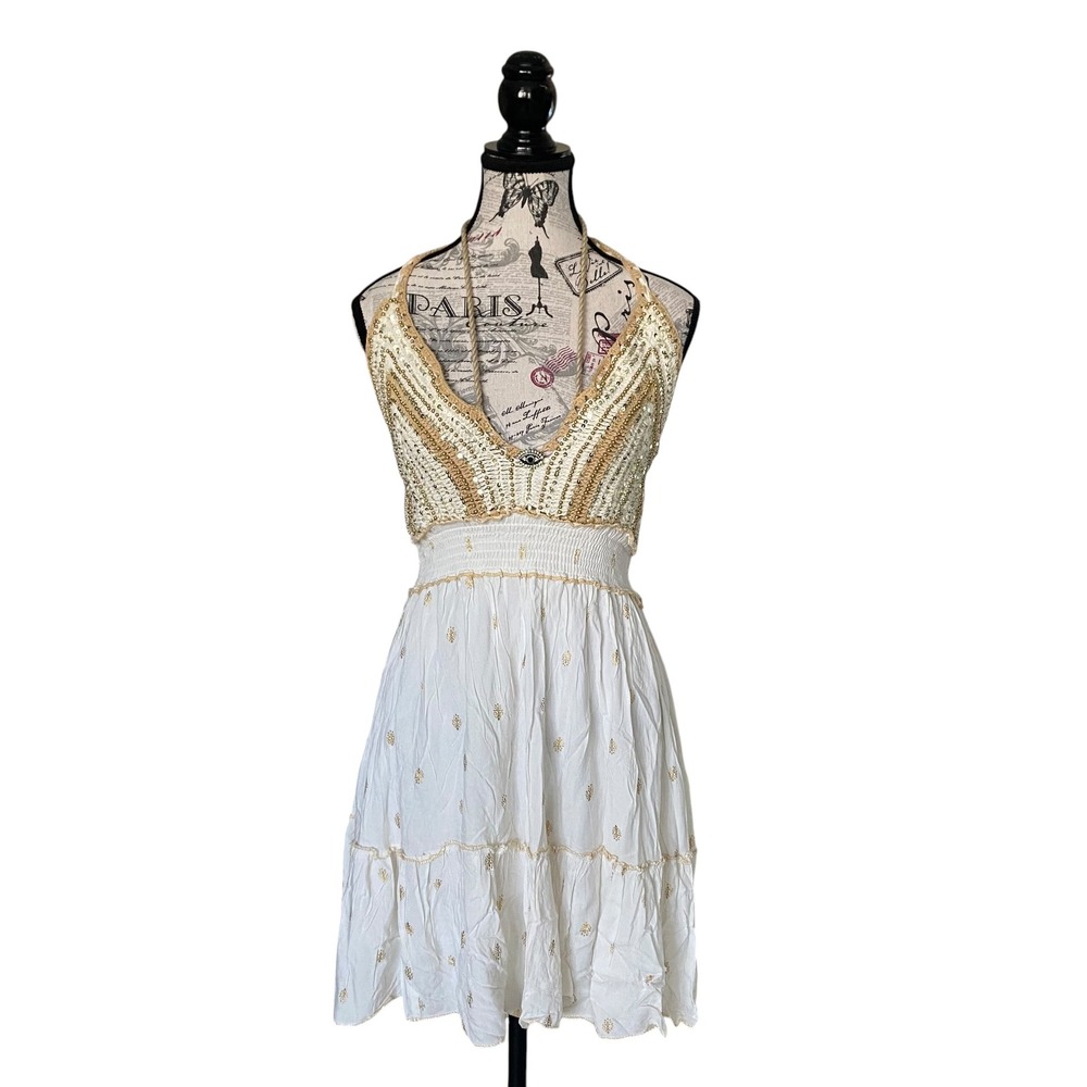 Zury Crochet Halter Dress Women OS White Gold Sequin Evil Eye Boho Festival Mini